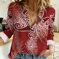Aotearoa Maori Koru Curves Women Casual Shirt Silver Ferns - Crimson Red