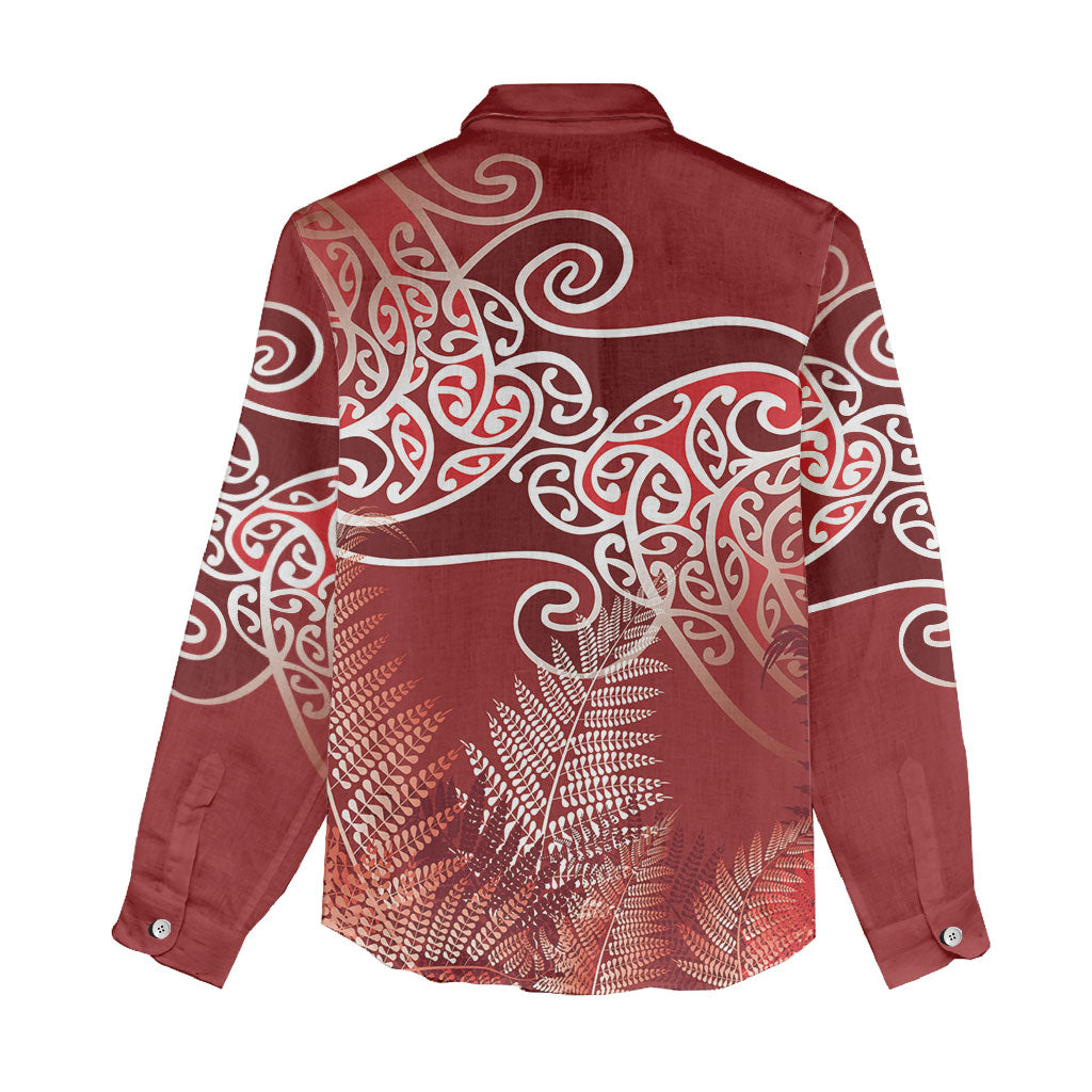Aotearoa Maori Koru Curves Women Casual Shirt Silver Ferns - Crimson Red