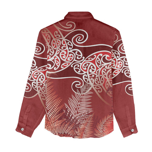 Aotearoa Maori Koru Curves Women Casual Shirt Silver Ferns - Crimson Red