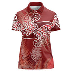 Aotearoa Maori Koru Curves Women Polo Shirt Silver Ferns - Crimson Red