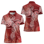 Aotearoa Maori Koru Curves Women Polo Shirt Silver Ferns - Crimson Red