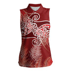 Aotearoa Maori Koru Curves Women Sleeveless Polo Shirt Silver Ferns - Crimson Red