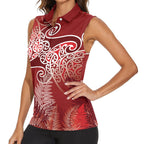 Aotearoa Maori Koru Curves Women Sleeveless Polo Shirt Silver Ferns - Crimson Red