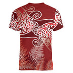 Aotearoa Maori Koru Curves Women V-Neck T-Shirt Silver Ferns - Crimson Red