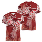 Aotearoa Maori Koru Curves Women V-Neck T-Shirt Silver Ferns - Crimson Red