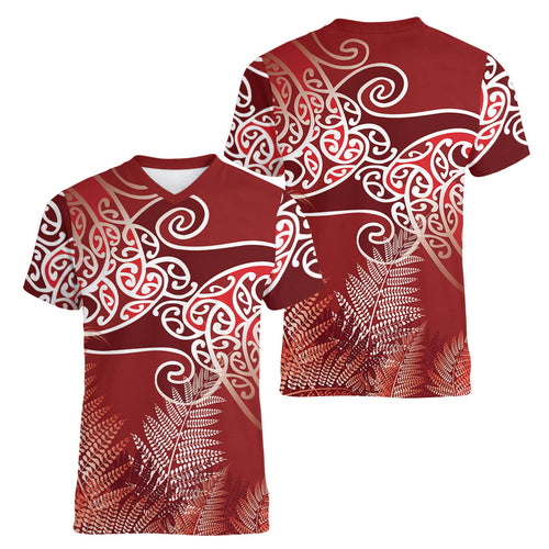 Aotearoa Maori Koru Curves Women V-Neck T-Shirt Silver Ferns - Crimson Red