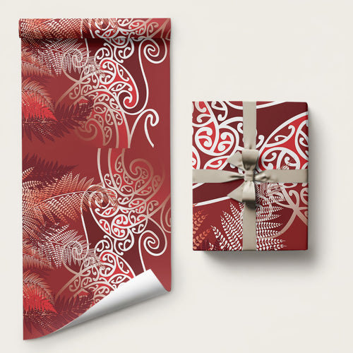 Aotearoa Maori Koru Curves Wrapping Paper Silver Ferns - Crimson Red