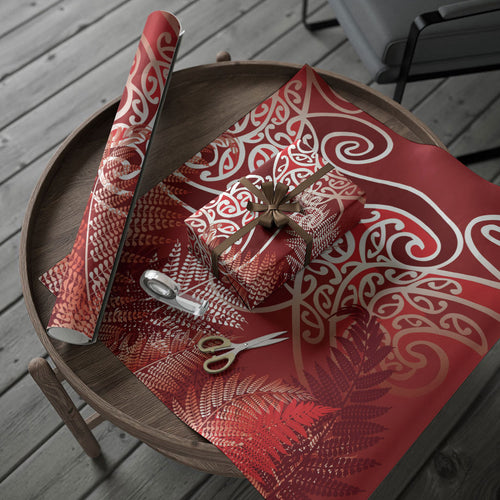 Aotearoa Maori Koru Curves Wrapping Paper Silver Ferns - Crimson Red