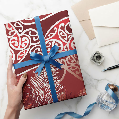 Aotearoa Maori Koru Curves Wrapping Paper Silver Ferns - Crimson Red
