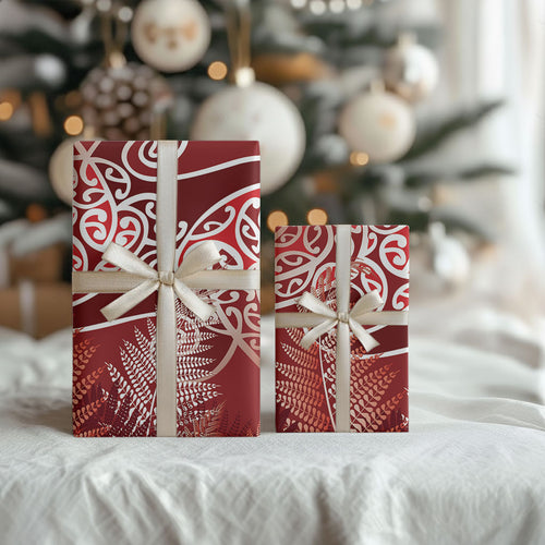 Aotearoa Maori Koru Curves Wrapping Paper Silver Ferns - Crimson Red