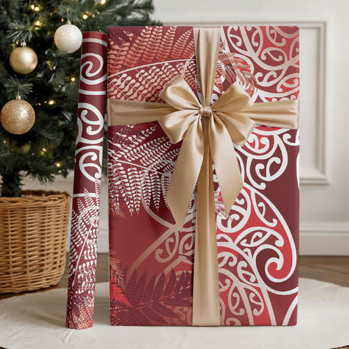Aotearoa Maori Koru Curves Wrapping Paper Silver Ferns - Crimson Red