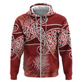 Aotearoa Maori Koru Curves Zip Hoodie Silver Ferns - Crimson Red