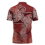 Aotearoa Maori Koru Curves Zipper Polo Shirt Silver Ferns - Crimson Red