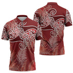 Aotearoa Maori Koru Curves Zipper Polo Shirt Silver Ferns - Crimson Red