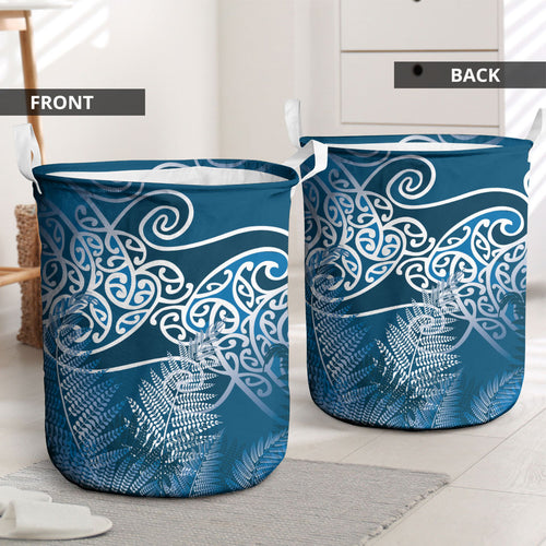 Aotearoa Maori Koru Curves Laundry Basket Silver Ferns - Navy Blue