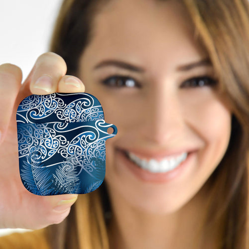 Aotearoa Maori Koru Curves AirPods Case Silver Ferns - Navy Blue