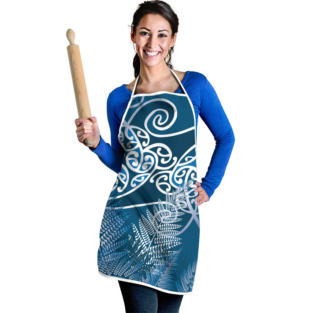 Aotearoa Maori Koru Curves Apron Silver Ferns - Navy Blue
