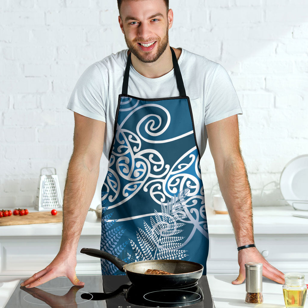 Aotearoa Maori Koru Curves Apron Silver Ferns - Navy Blue