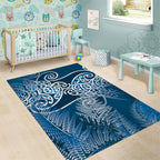 Aotearoa Maori Koru Curves Area Rug Silver Ferns - Navy Blue