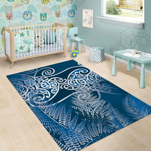 Aotearoa Maori Koru Curves Area Rug Silver Ferns - Navy Blue