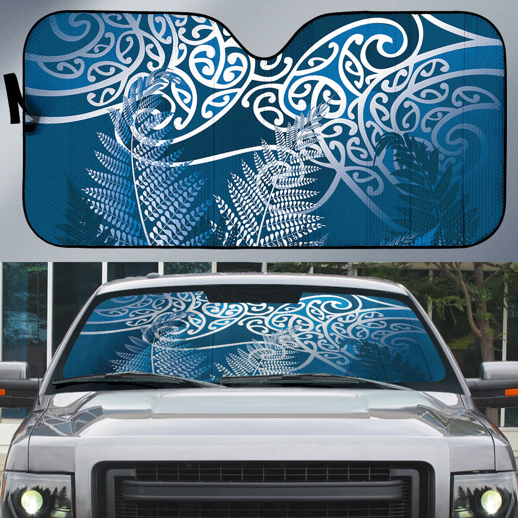 Aotearoa Maori Koru Curves Auto Sun Shade Silver Ferns - Navy Blue