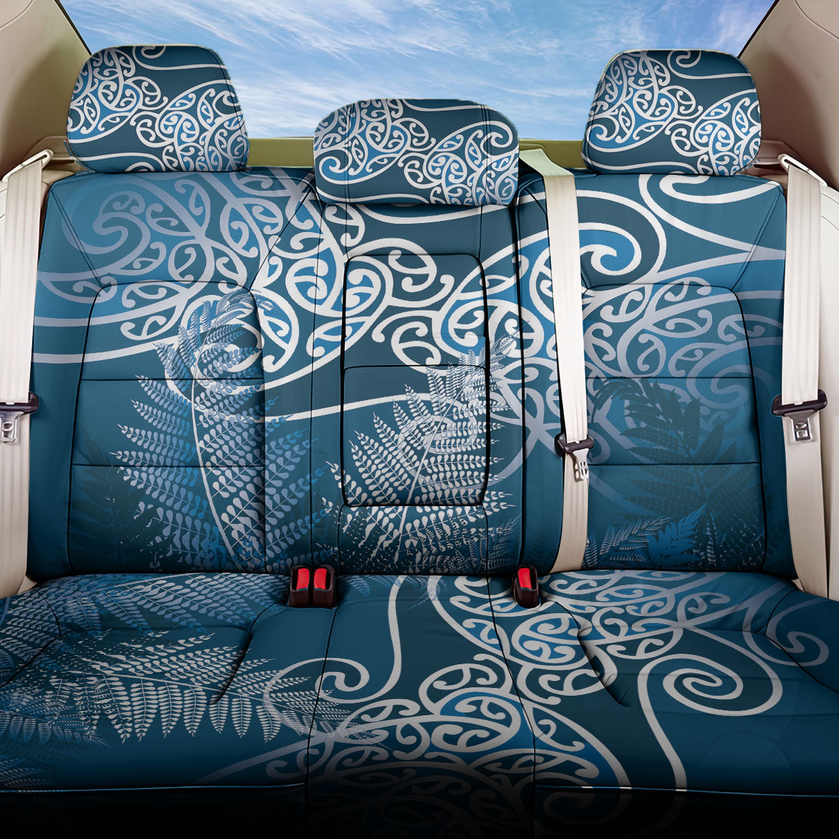 Aotearoa Maori Koru Curves Back Car Seat Cover Silver Ferns - Navy Blue