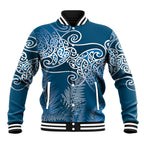 Aotearoa Maori Koru Curves Baseball Jacket Silver Ferns - Navy Blue