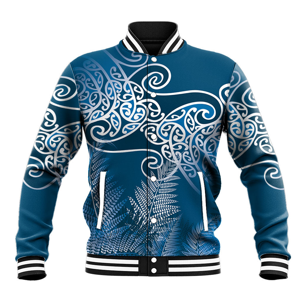 Aotearoa Maori Koru Curves Baseball Jacket Silver Ferns - Navy Blue