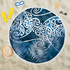 Aotearoa Maori Koru Curves Beach Blanket Silver Ferns - Navy Blue