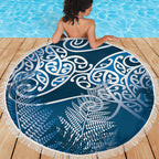 Aotearoa Maori Koru Curves Beach Blanket Silver Ferns - Navy Blue