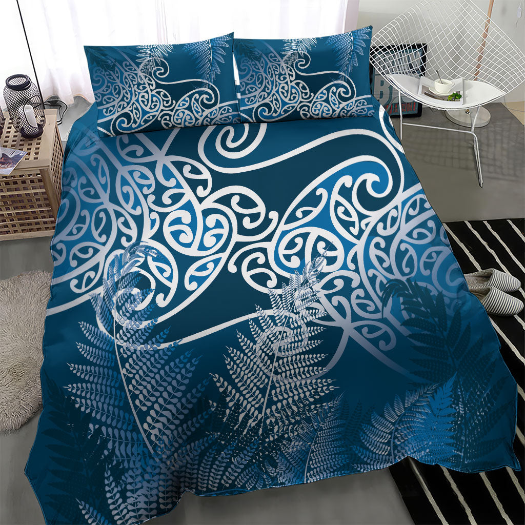 Aotearoa Maori Koru Curves Bedding Set Silver Ferns - Navy Blue