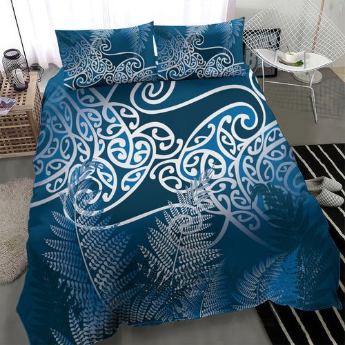 Aotearoa Maori Koru Curves Bedding Set Silver Ferns - Navy Blue