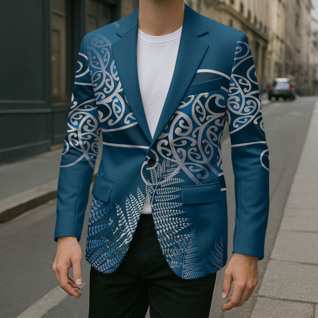 Aotearoa Maori Koru Curves Blazer Silver Ferns - Navy Blue
