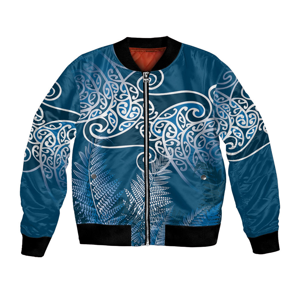 Aotearoa Maori Koru Curves Bomber Jacket Silver Ferns - Navy Blue