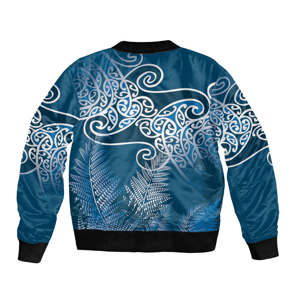 Aotearoa Maori Koru Curves Bomber Jacket Silver Ferns - Navy Blue
