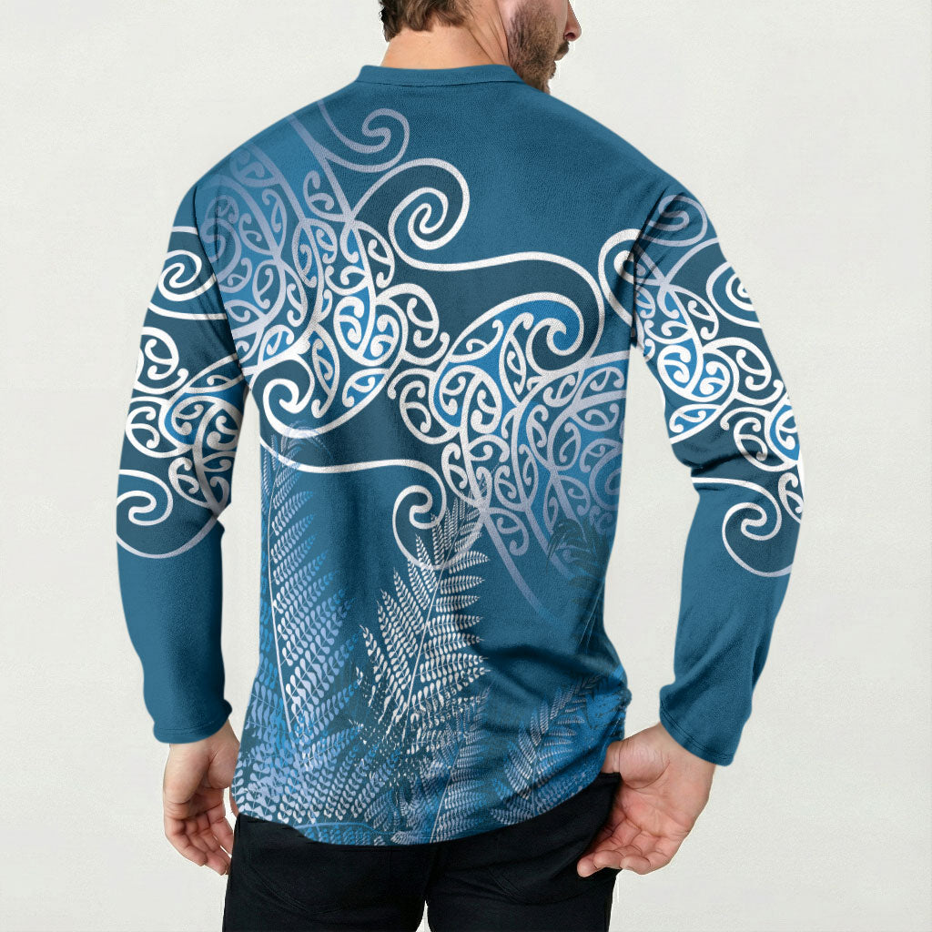 Aotearoa Maori Koru Curves Button Sweatshirt Silver Ferns - Navy Blue