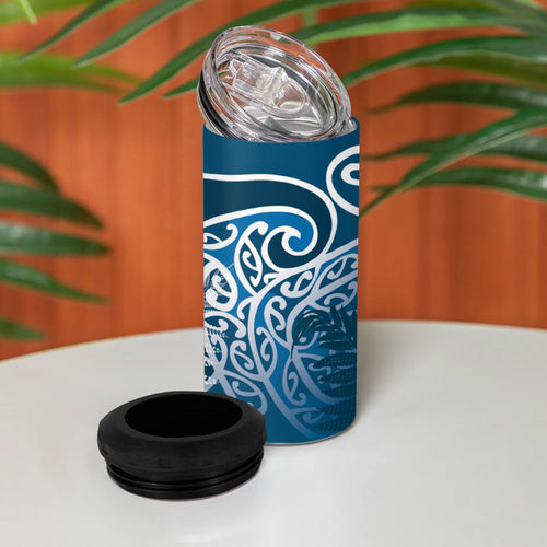 Aotearoa Maori Koru Curves 4 in 1 Can Cooler Tumbler Silver Ferns - Navy Blue