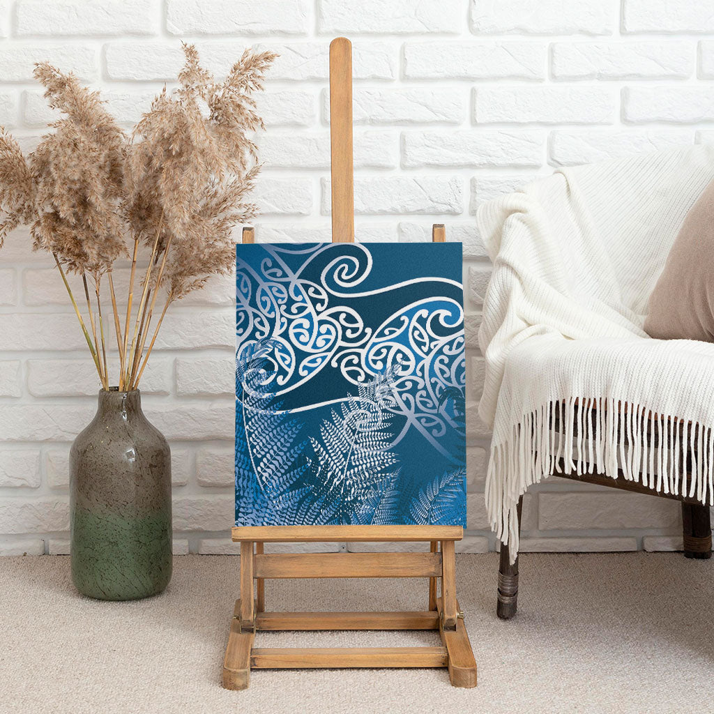 Aotearoa Maori Koru Curves Canvas Wall Art Silver Ferns - Navy Blue
