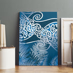 Aotearoa Maori Koru Curves Canvas Wall Art Silver Ferns - Navy Blue