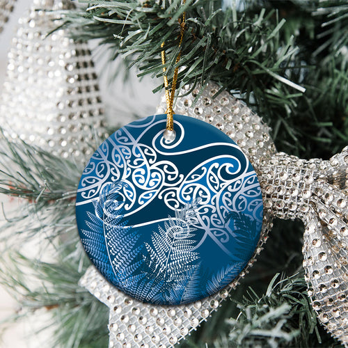 Aotearoa Maori Koru Curves Ceramic Ornament Silver Ferns - Navy Blue
