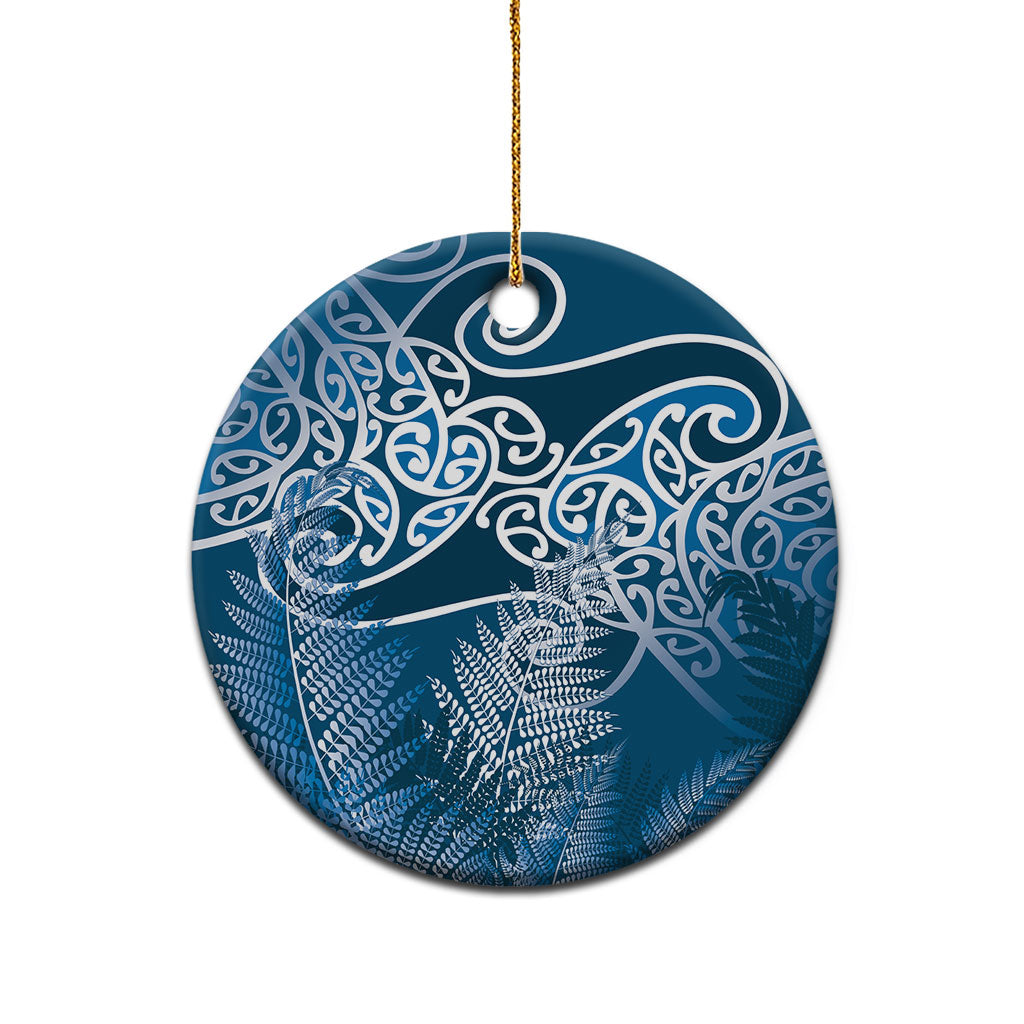 Aotearoa Maori Koru Curves Ceramic Ornament Silver Ferns - Navy Blue