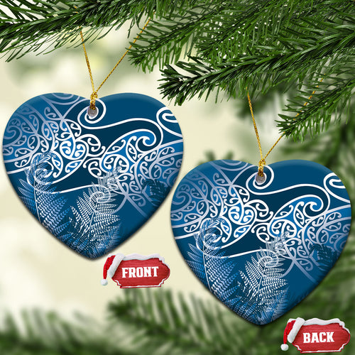 Aotearoa Maori Koru Curves Ceramic Ornament Silver Ferns - Navy Blue