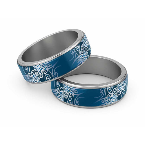 Aotearoa Maori Koru Curves Classic Ring Silver Ferns - Navy Blue