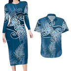 Aotearoa Maori Koru Curves Couples Matching Long Sleeve Bodycon Dress and Hawaiian Shirt Silver Ferns - Navy Blue