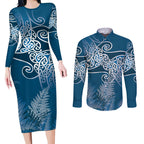 Aotearoa Maori Koru Curves Couples Matching Long Sleeve Bodycon Dress and Long Sleeve Button Shirt Silver Ferns - Navy Blue