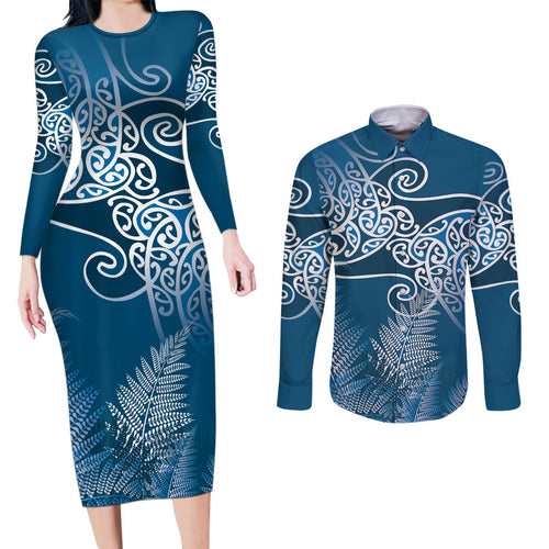 Aotearoa Maori Koru Curves Couples Matching Long Sleeve Bodycon Dress and Long Sleeve Button Shirt Silver Ferns - Navy Blue