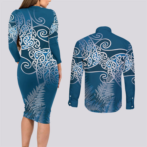 Aotearoa Maori Koru Curves Couples Matching Long Sleeve Bodycon Dress and Long Sleeve Button Shirt Silver Ferns - Navy Blue