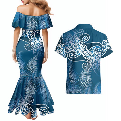 Aotearoa Maori Koru Curves Couples Matching Mermaid Dress and Hawaiian Shirt Silver Ferns - Navy Blue
