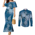 Aotearoa Maori Koru Curves Couples Matching Mermaid Dress and Long Sleeve Button Shirt Silver Ferns - Navy Blue
