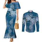 Aotearoa Maori Koru Curves Couples Matching Mermaid Dress and Long Sleeve Button Shirt Silver Ferns - Navy Blue